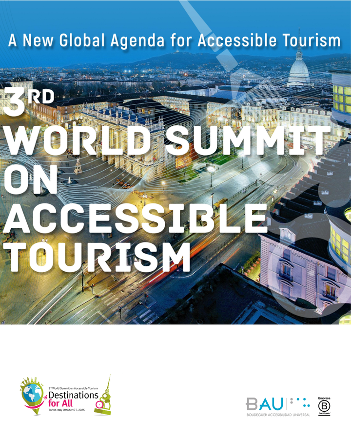 Andrea Boudeguer presentando AURA en la Cumbre Mundial de Turismo Accesible, Turín 2025