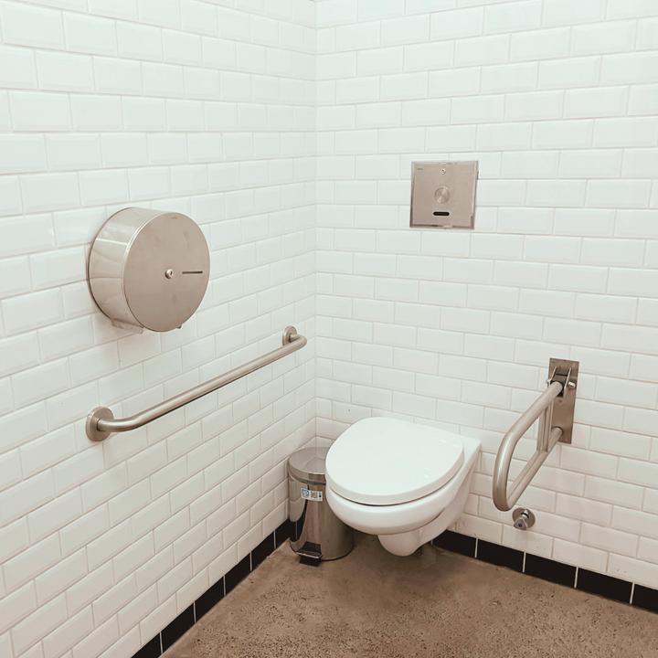Baño Accesible. Barra abatible y barra recta color acero